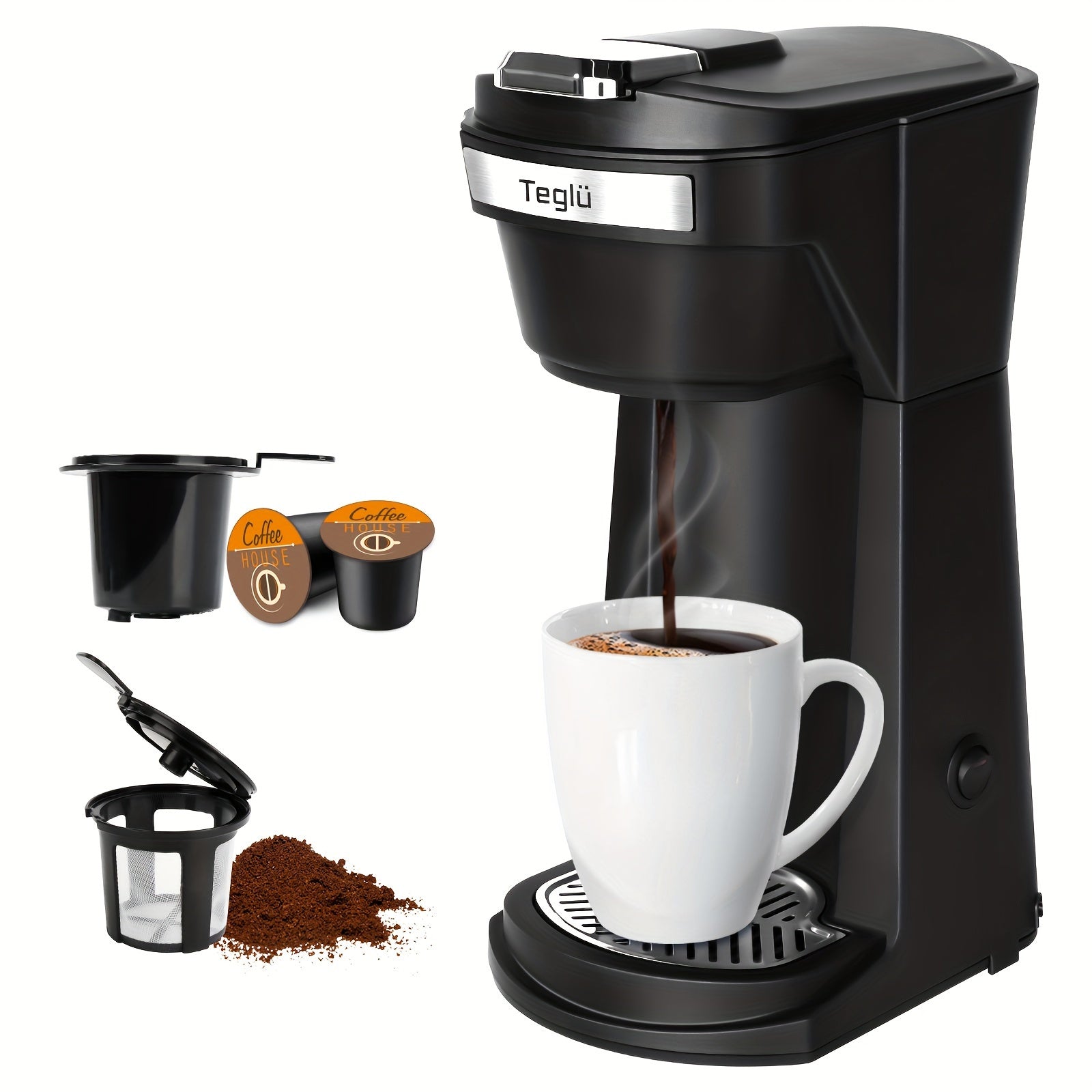 Single Serve Coffee Maker 2-in-1 for K-Cup Pods and Ground Coffee One-Button Operation 6-14oz Brew Sizes Auto Shut-Off Stainless Steel Drip Coffee Machine Blue Black Red Grey