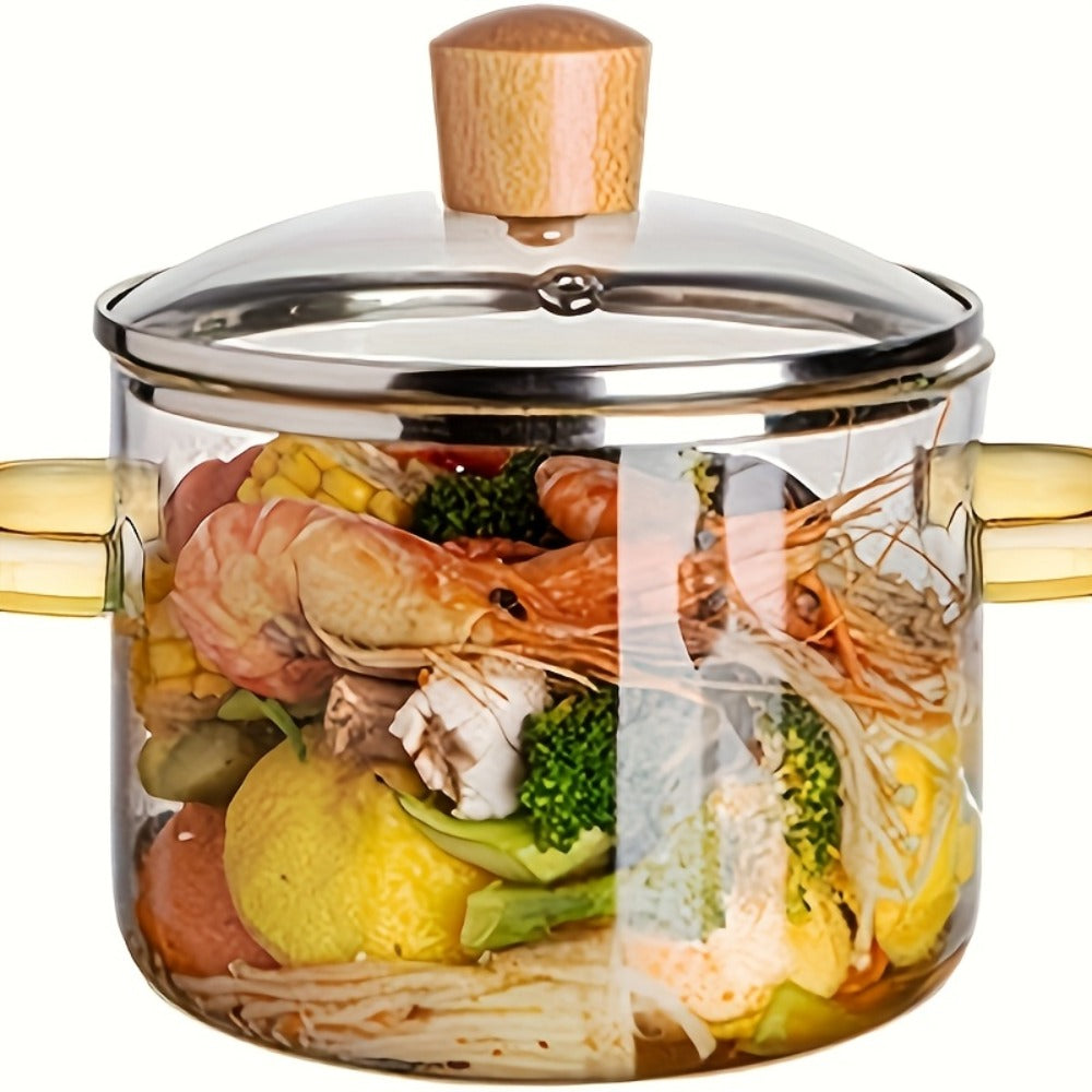 Glass Cooking Pot 54oz 1600ml Borosilicate Heat-Resistant with Lid ¨C Transparent Dumpling & Ramen Pot for Stove & Oven | Odorless Easy-Clean Soup Milk Pot with Green or Yellow Stainless Steel Handle