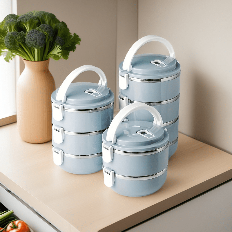 Stainless Steel Lunch Box Insulated Bento Box with Lid - Cylindrical Stackable Food Container for Office School Camping and Picnic, Dishwasher Safe Thermal Lunch Box Available in 2, 3 or 4 Layer for Adults and Kids