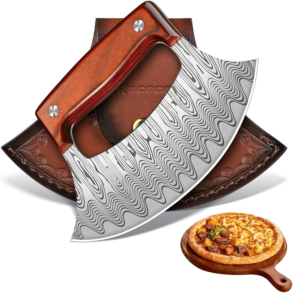 Hand-Forged Ulu Knife Rocker Blade High Carbon Steel Full Tang Rosewood Handle with Leather Sheath & Gift Box, Mezzaluna Chopping Knife for Kitchen Camping BBQ, Chef Gift for Men