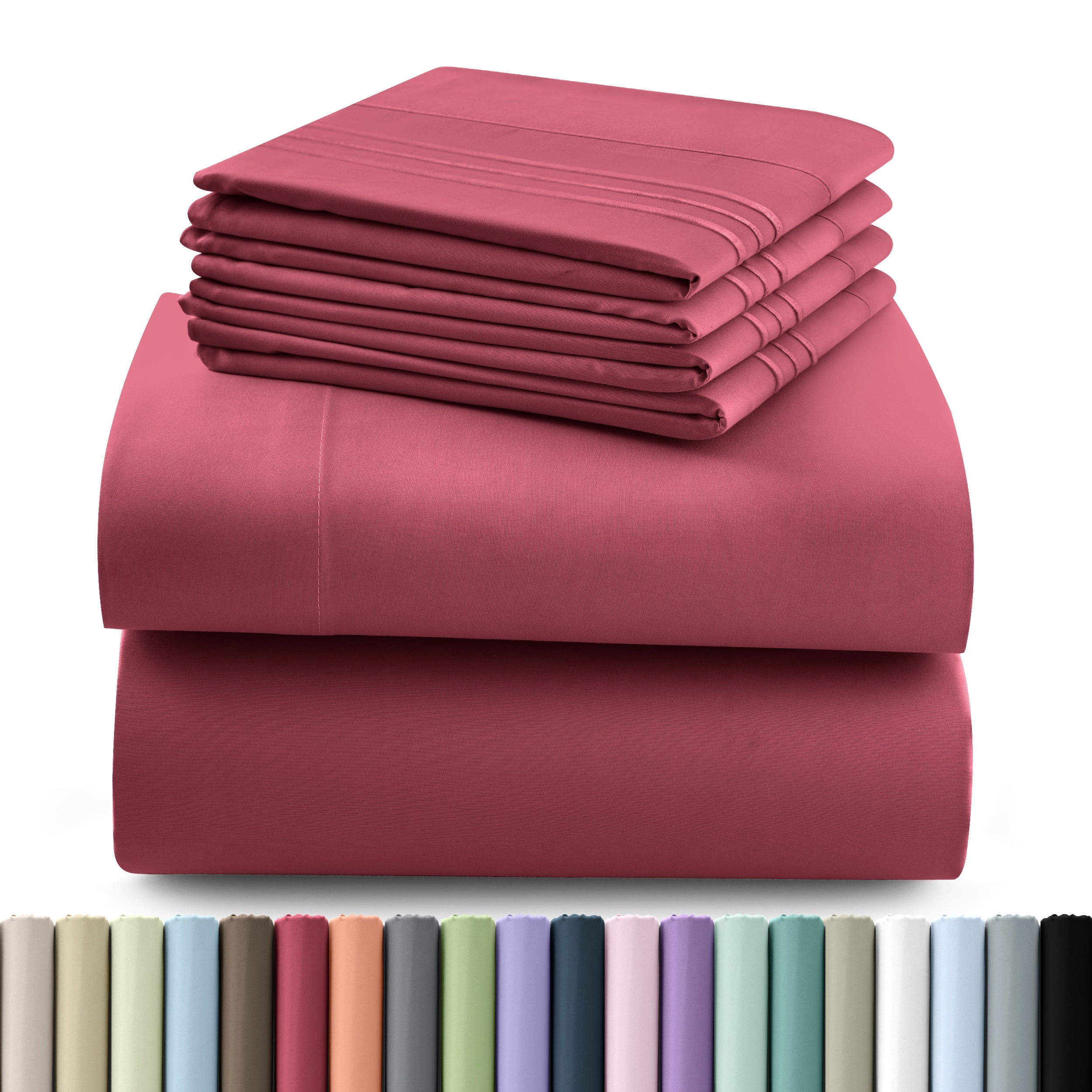 Fitted Sheet Set 6-Piece Brushed Polyester Deep Pocket Bed Sheets 20 Colors Hotel Luxury Soft Bedding with Embroidered Pillowcases