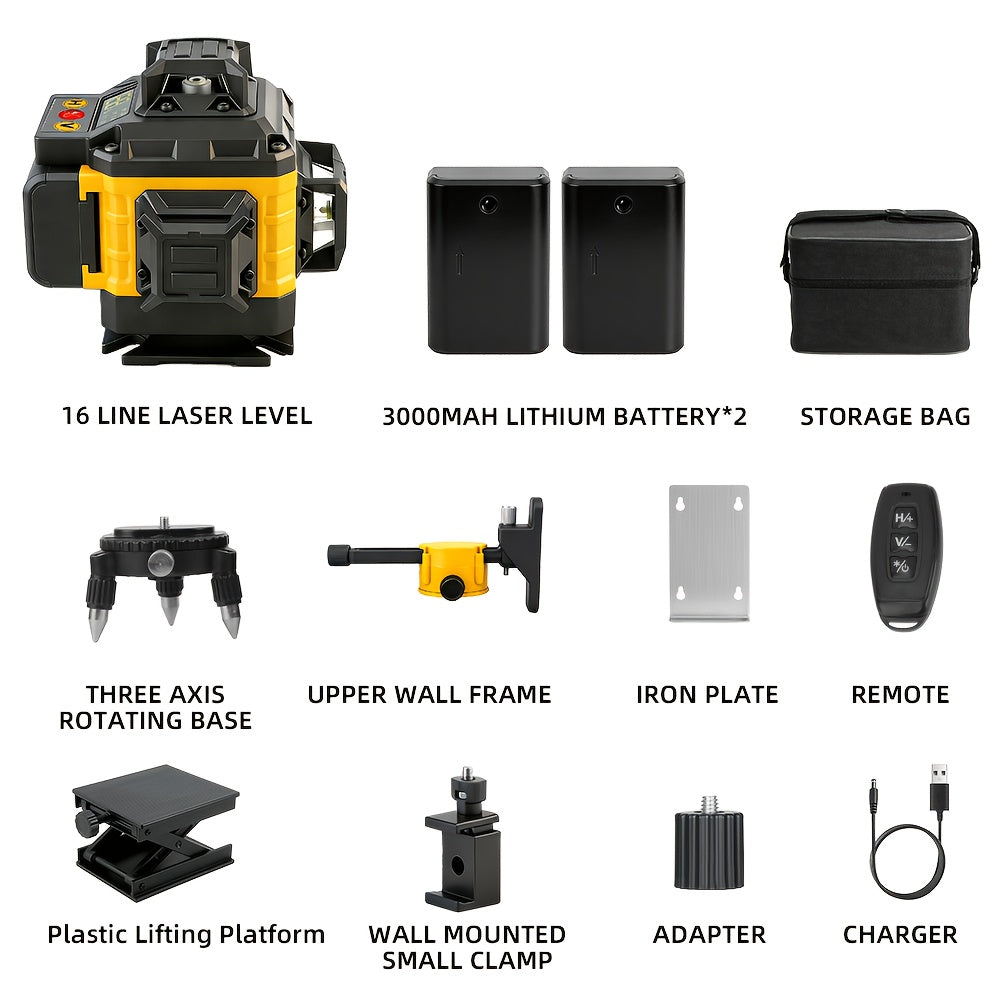 16-Line Laser Level Kit 4D 360 Self Leveling with 2x 3000mAh Battery 39 Inch Tripod Remote Control Lifting Platform for Construction Tile Renovation Wall Floor Alignment