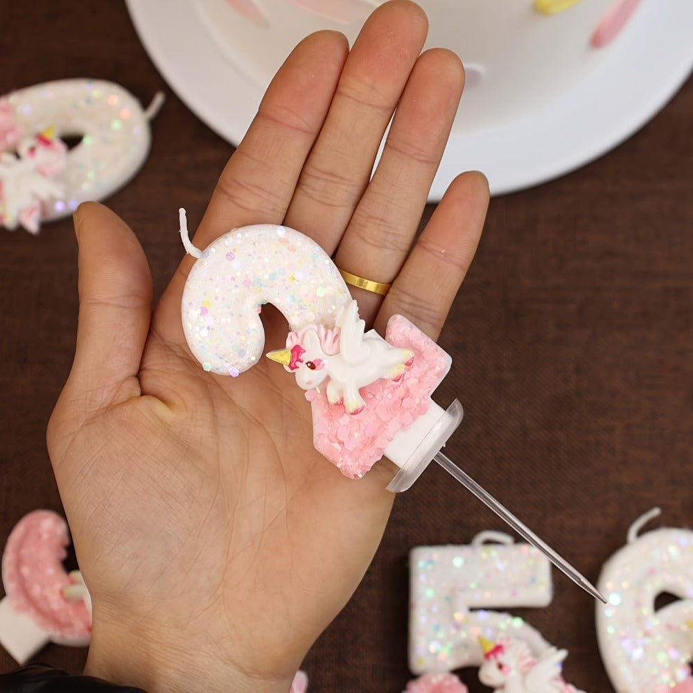 Unicorn Number Cake Topper 0-9 Birthday Party Decoration Glitter Figure Candle Topper for Birthday Anniversary Wedding Christmas Halloween Table Decor