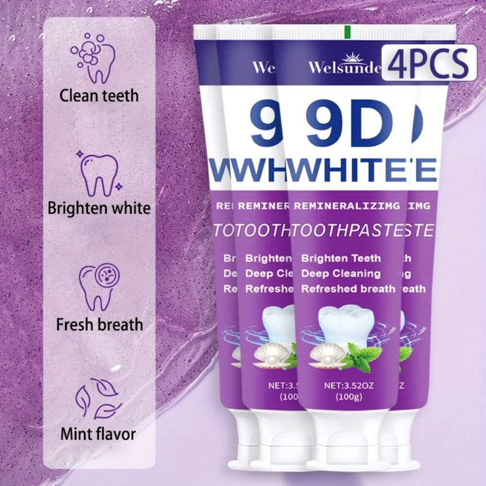 Remineralizing Toothpaste 4-Pack ¨C 9D Purple Hypoallergenic Formula with Essential Oils, 400g Deep Cleaning Whitening Toothpaste for Sensitive Teeth, Gentle Gum Care & Fresh Breath, Daily Home & Travel Oral Hygiene