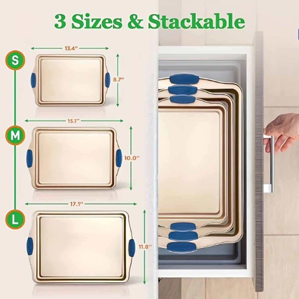 Nonstick Baking Sheet Set with Silicone Handles, Carbon Steel Cookie Sheet Pan Set in Assorted Sizes, Stackable Bakeware for Baking Roasting, Heavy Duty Oven Pans with Orange Handles, 2-Piece or 6-Piece