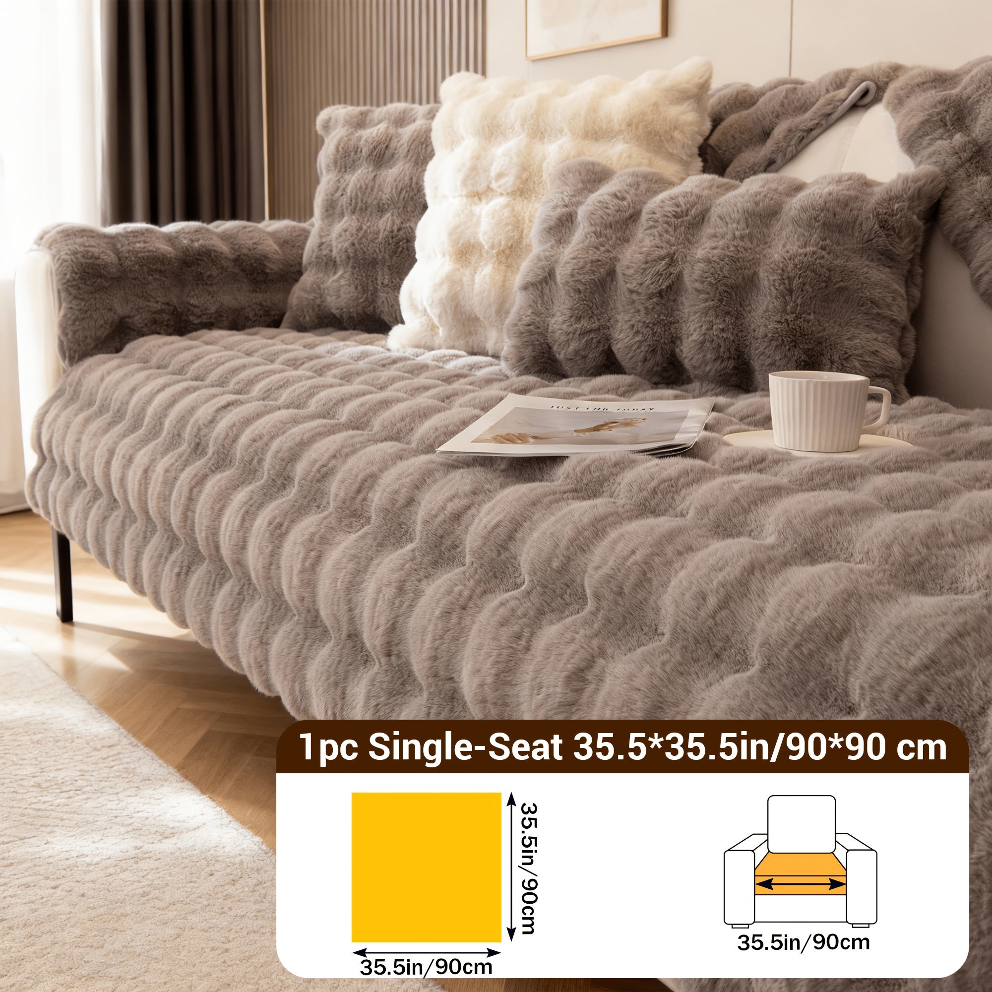 Bubble Soft Faux Rabbit Fur Sofa Cover - Non-Slip Silicone Backing Stretchable Slipcover Pet Friendly Machine Washable for Living Room Bedroom Dorm, 4 Colors Multiple Sizes