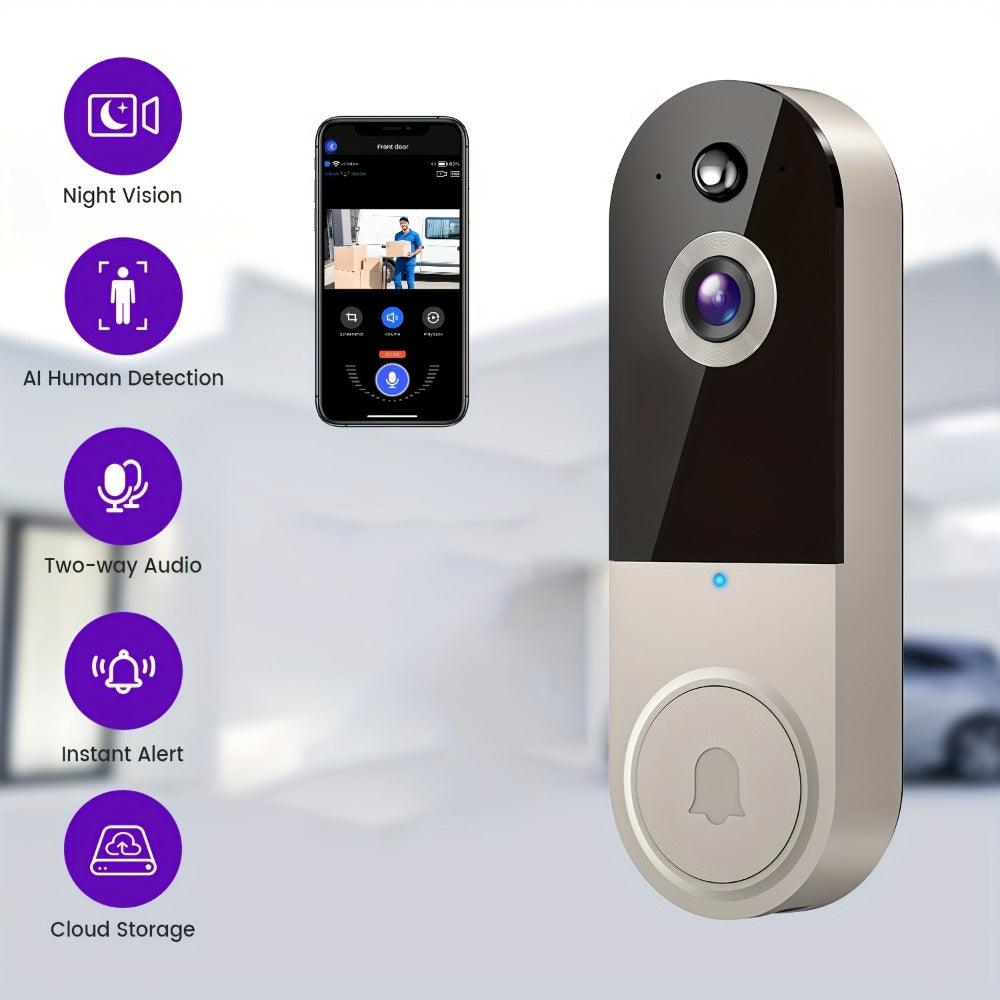 Wireless Video Doorbell Camera 1440P WiFi | AI Snapshot Night Vision Two-Way Intercom Rechargeable Battery | Photo Video Local Storage Smart Home Doorbell White Black