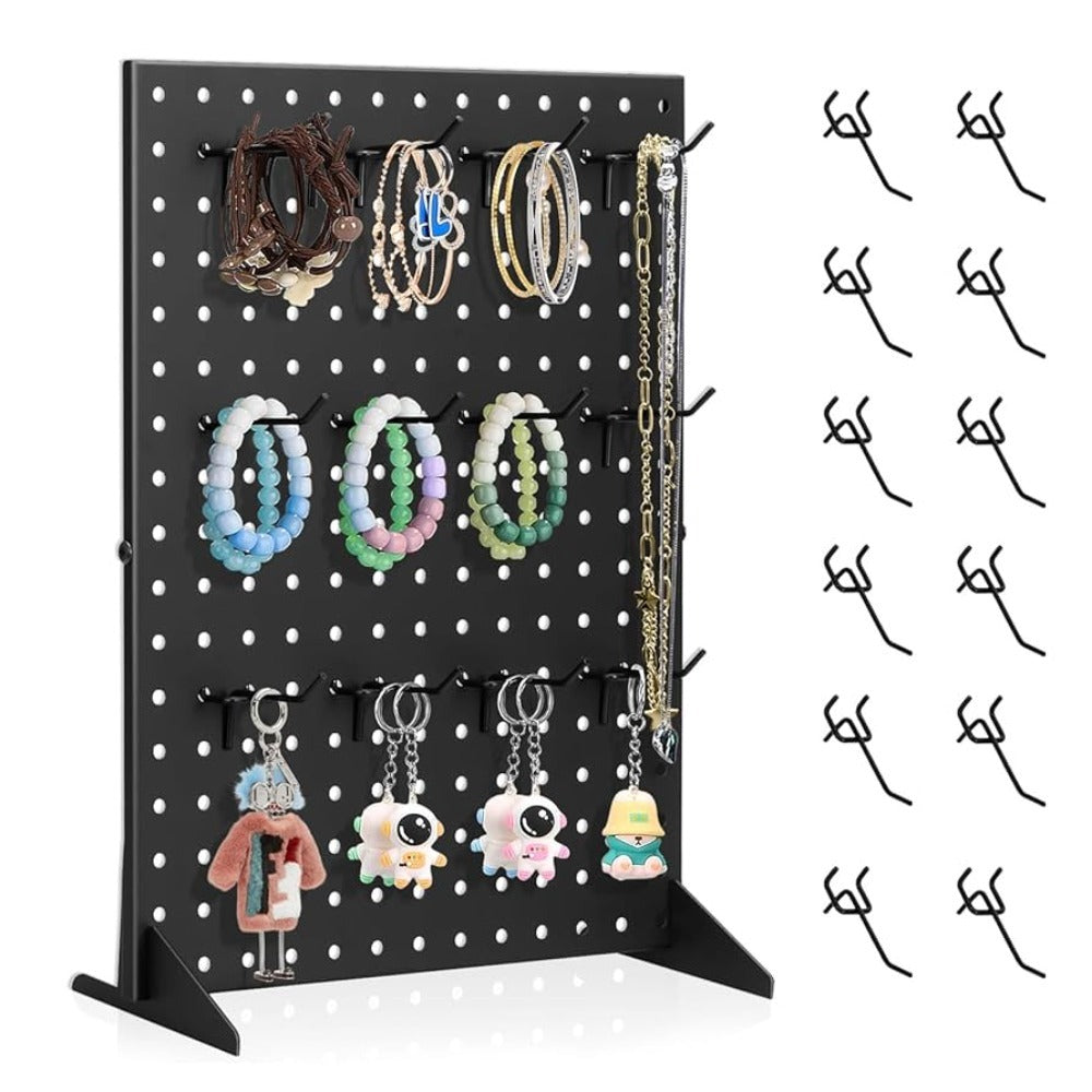 Pegboard Jewelry Display Stand with 12 Removable Peg Hooks Countertop Jewelry Organizer Rack Freestanding Iron Hole Board Display Tower for Necklace Earring Bracelet Ring Accessories Black White