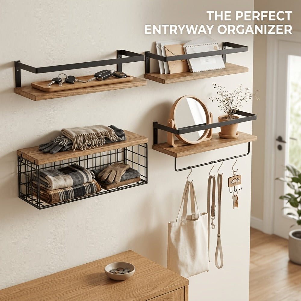 Floating Wall Shelves Set of 2 or 4 Rustic Wood and Iron Wall Mounted Shelf for Living Room Bedroom Kitchen Bathroom, Farmhouse Industrial Hanging Display Shelf for Plants Books Candles Decor