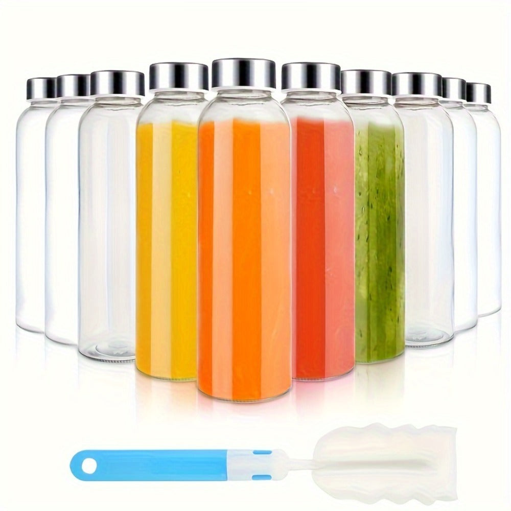 Glass Water Bottles with Lids 18oz Set of 10 Reusable Clear Glass Juice Bottles BPA Free Leak-Proof Stainless Steel Cap for Juicing Smoothie Beverage Storage