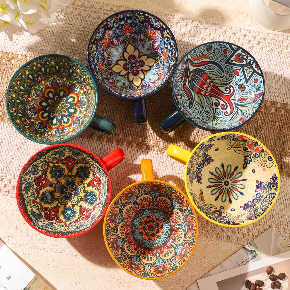 Bohemian Ceramic Coffee Mugs Set of 6 ¨C 15 Oz Large Capacity Breakfast Mug ¨C Microwave Safe for Hot & Cold Drinks ¨C Unique Boho Drinkware Gift for Halloween, Thanksgiving & Christmas