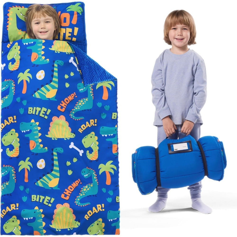 Kids Nap Mat with Removable Pillow & Minky Blanket - Soft Roll-Up Sleeping Bag for Boys Girls, Blue Dinosaur Design, Preschool Kindergarten Daycare Sleepover, Ages 3+, 55''x30''