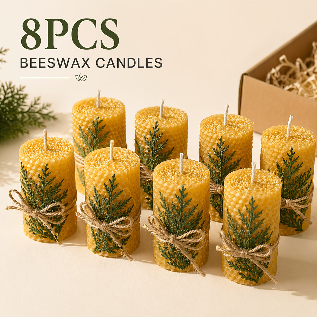 Beeswax Pillar Candles Hand Rolled with Honeycomb Texture ¨C 100% Pure Beeswax, 12+ Hour Burn, Gift Box Set for Home Decor, Christmas, Dinner & Holiday Decorations