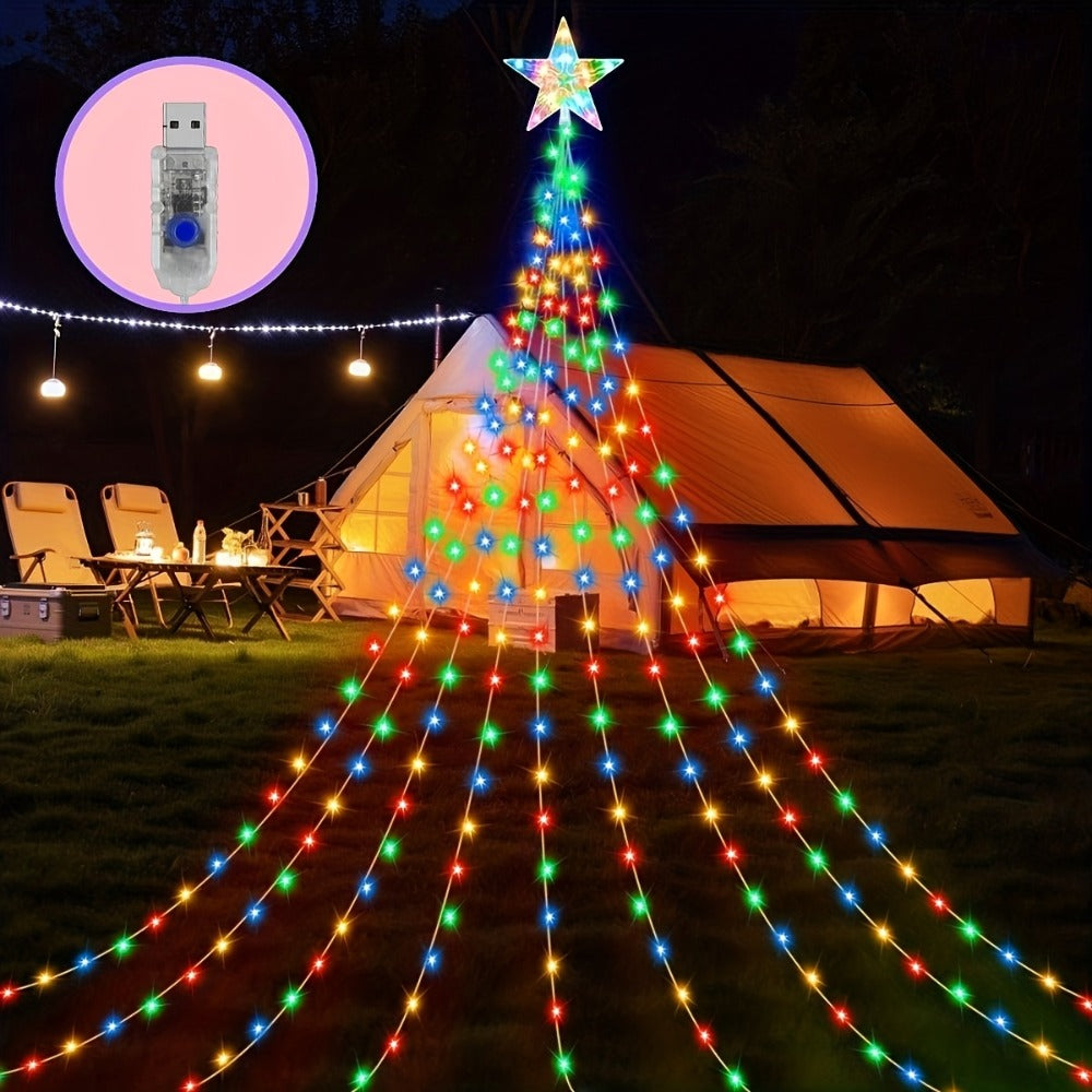 Christmas Tree Waterfall Fairy Lights 200 LED with Star Top Decoration, 8 Lighting Modes ¡ª Battery, Solar & USB Powered Indoor Outdoor Colorful Cascading Holiday Light Strip