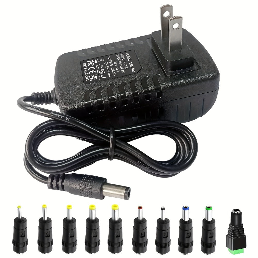 12V 2A AC DC Power Supply Adapter 11-in-1 with 10 Tips 100-240V 50-60Hz Universal DC Transformer for LED Light CCTV Camera Router BT Speaker GPS Webcam 4.9ft Cord