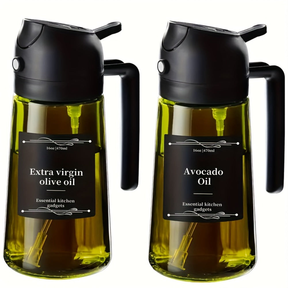 Olive Oil Dispenser Bottle 2-in-1 Glass Oil Sprayer & Dispenser 16oz Kitchen Cooking Oil Bottle with Labels for BBQ, Salad, Air Fryer & Grilling ¨C 2 Pack
