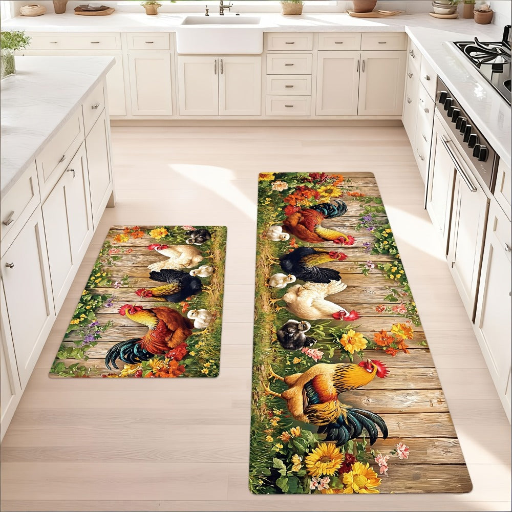Rooster Kitchen Rugs Set 1/2/3/4pcs Vintage Farmhouse Anti-Slip Floor Mats for Kitchen Bedroom Bathroom Living Room Laundry Room Entrance