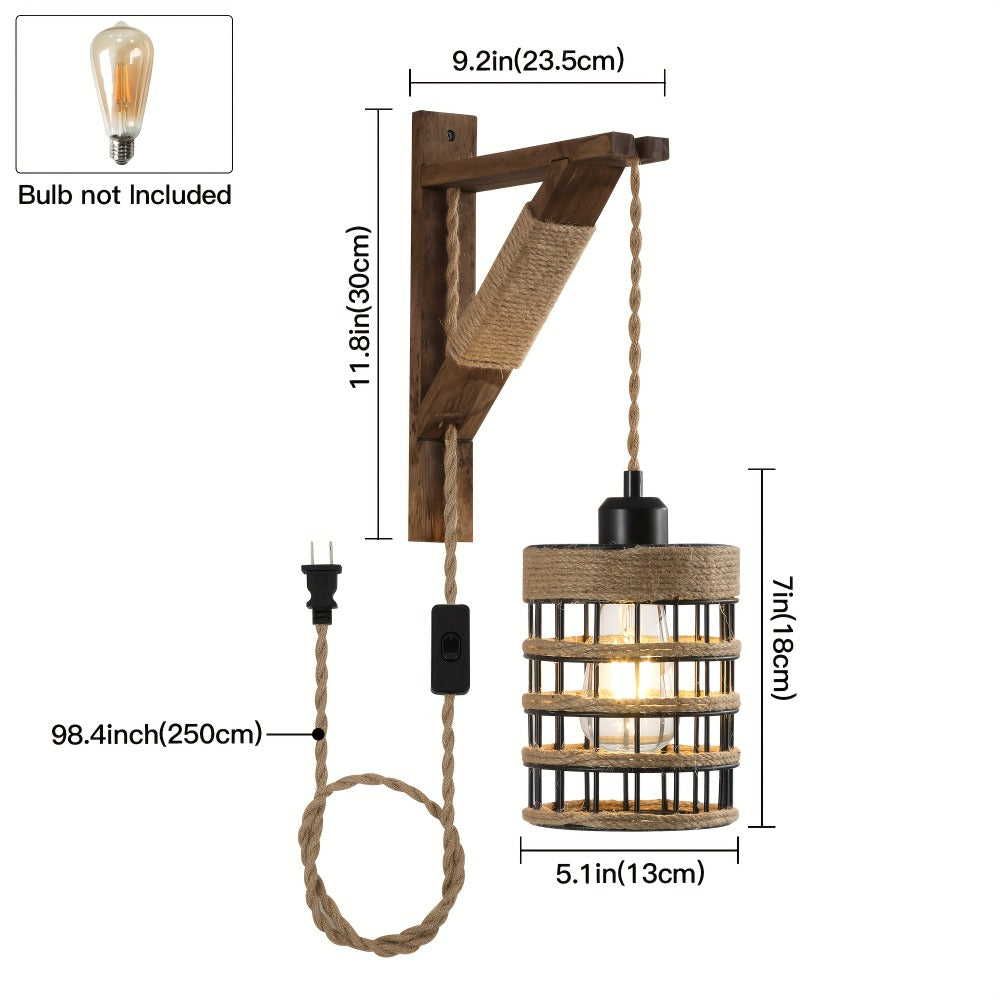 Plug In Wall Sconces Set of 2 or 1 ¨C Rustic Farmhouse Wall Lamp with Metal Cage & Wooden Bracket, Plug-Into-Outlet Hanging Light for Bedroom, Living Room & Headboard