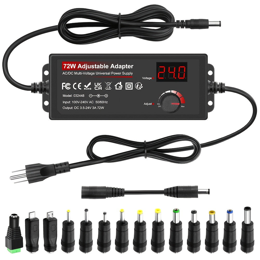 Adjustable AC to DC Power Adapter 72W - 3-24V Variable Power Supply with LCD Voltage Display, Knob Control, 15 Interchangeable Tips, Overvoltage & Short Circuit Protection, 100-240V Universal Input