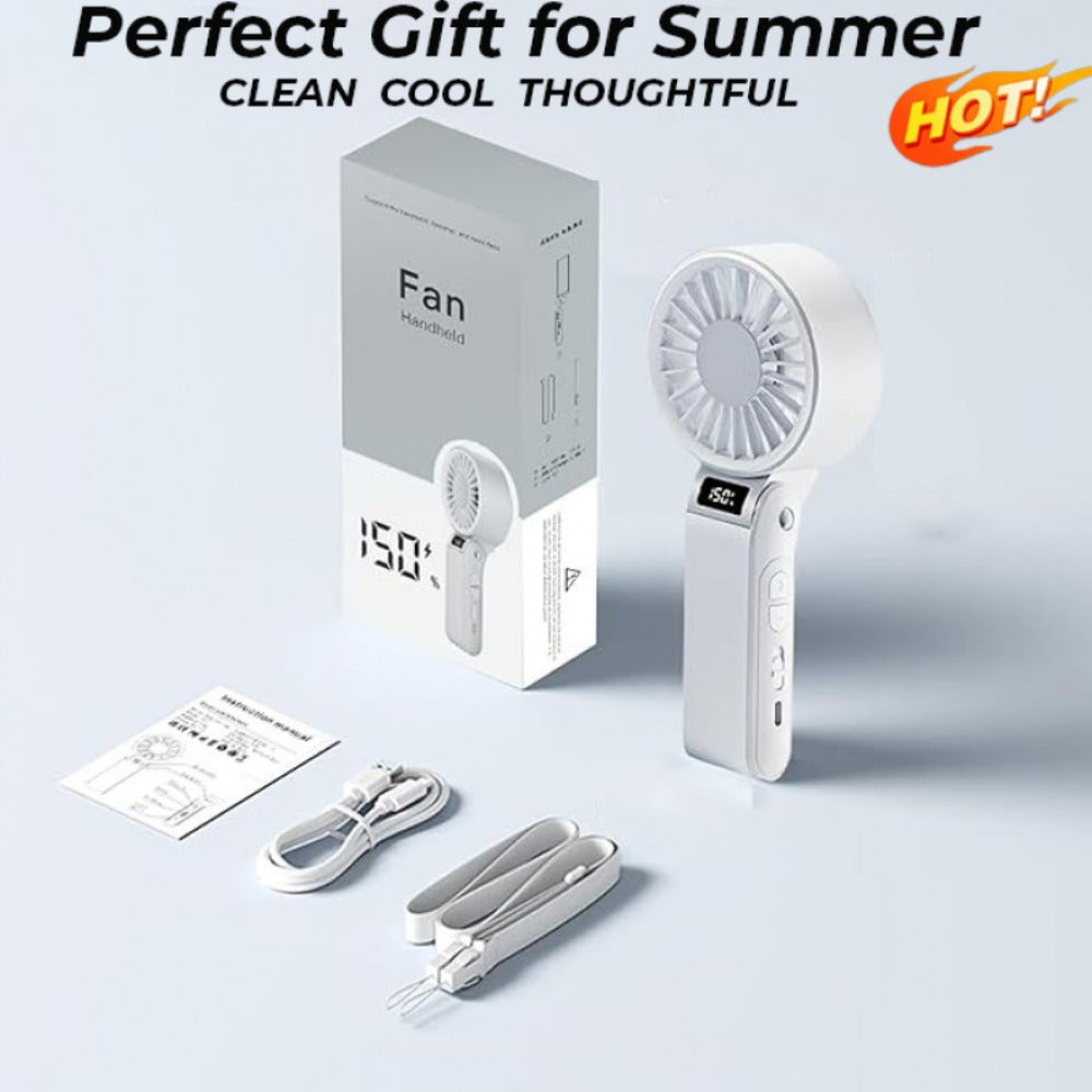 Handheld Fan USB-C Rechargeable 150-Speed Stepless Adjustable Turbo Fan LED Display Foldable Wearable Neck Desk Fan for Outdoor Travel Office Camping Black White Yellow