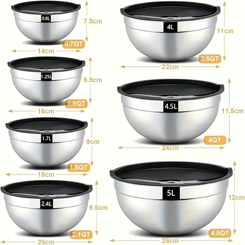 Stainless Steel Mixing Bowls with Airtight Lids Set of 14 Seven Nesting Bowls 0.7 to 4.5QT for Mixing Serving Salad Food Prep Kitchen Storage