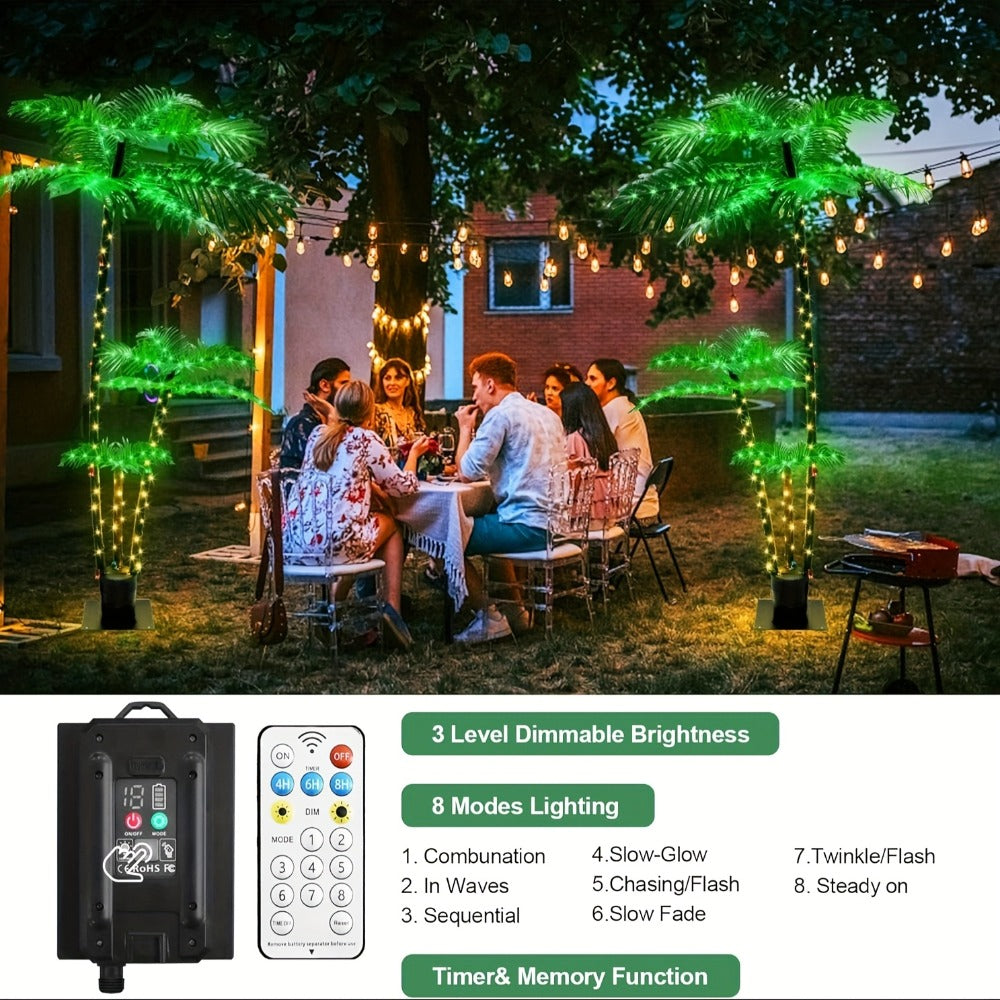 Solar Powered Artificial Palm Tree 7ft Triple Trunk 260 LED Lights 8 Modes Dimmable Timer 2200mAh Battery Metal Base Outdoor Indoor Decor Tiki Bar Patio Beach Garden Christmas Halloween Party