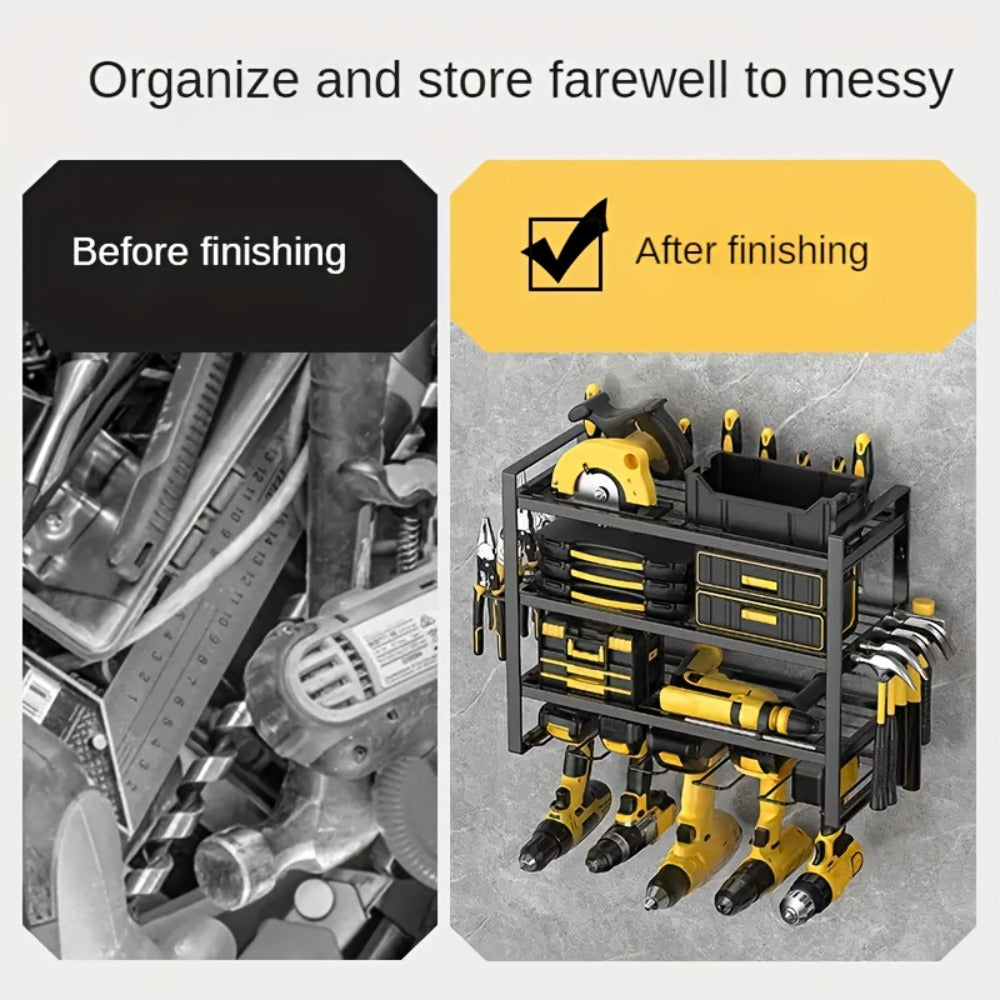 Wall Tool Storage Rack Heavy Duty Metal Organizer - 4 Layer Cordless Drill Holder Clamp Bracket Workbench Wall Mount Space Saving Workshop Garage Storage