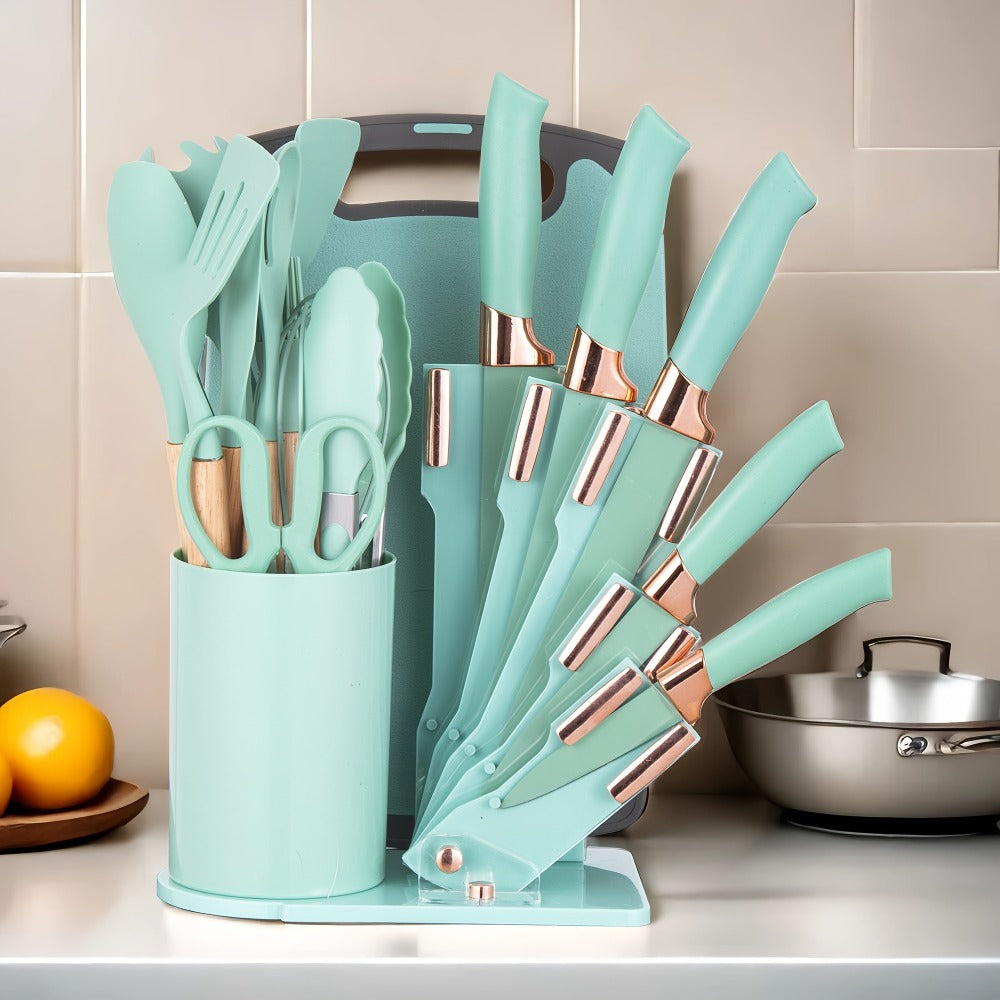 19-Piece Kitchen Knife & Utensil Set with Wooden Handles, Non-Stick Blades, Silicone Cooking Tools, Cutting Board, Scissors & Holder