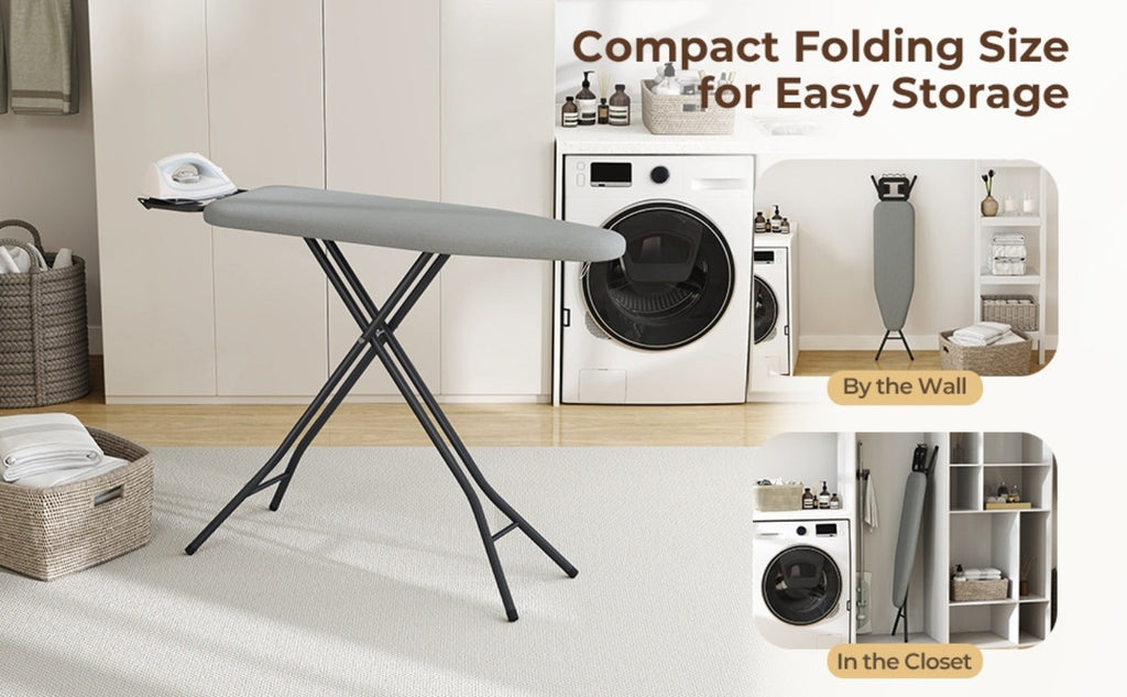 Ironing Board Full Size Adjustable Height Foldable Iron Board with 4-Leg Stand 4-Layer Thick Pad Iron Rest Safety Lock for Home Dorm Laundry Room