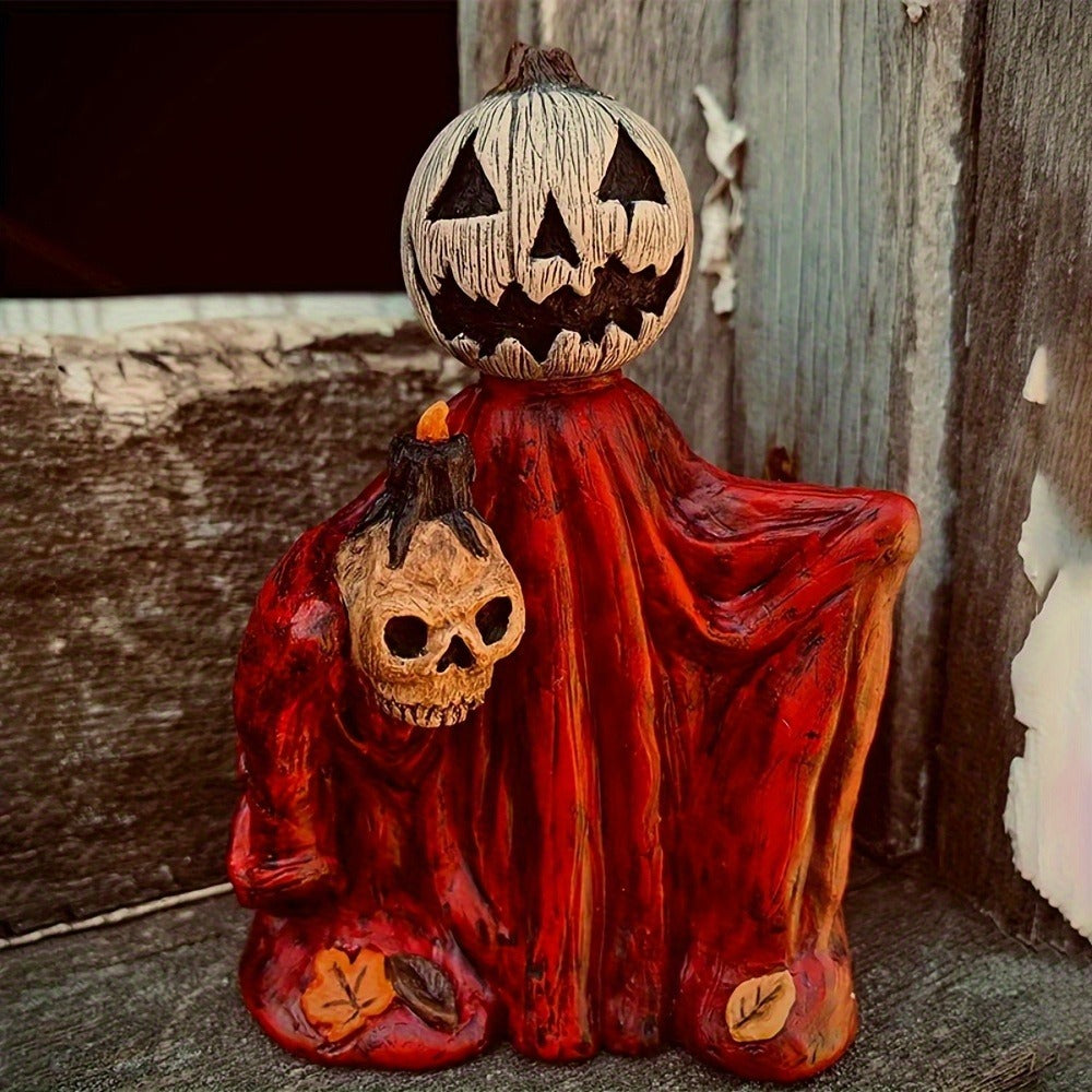 Halloween Pumpkin Wizard Resin Figurine 2-Pack ¨C Spooky Desktop Ornament & Bookshelf Decor, Skeleton Gnome Tabletop Statue for Halloween Home Decor & Seasonal Display