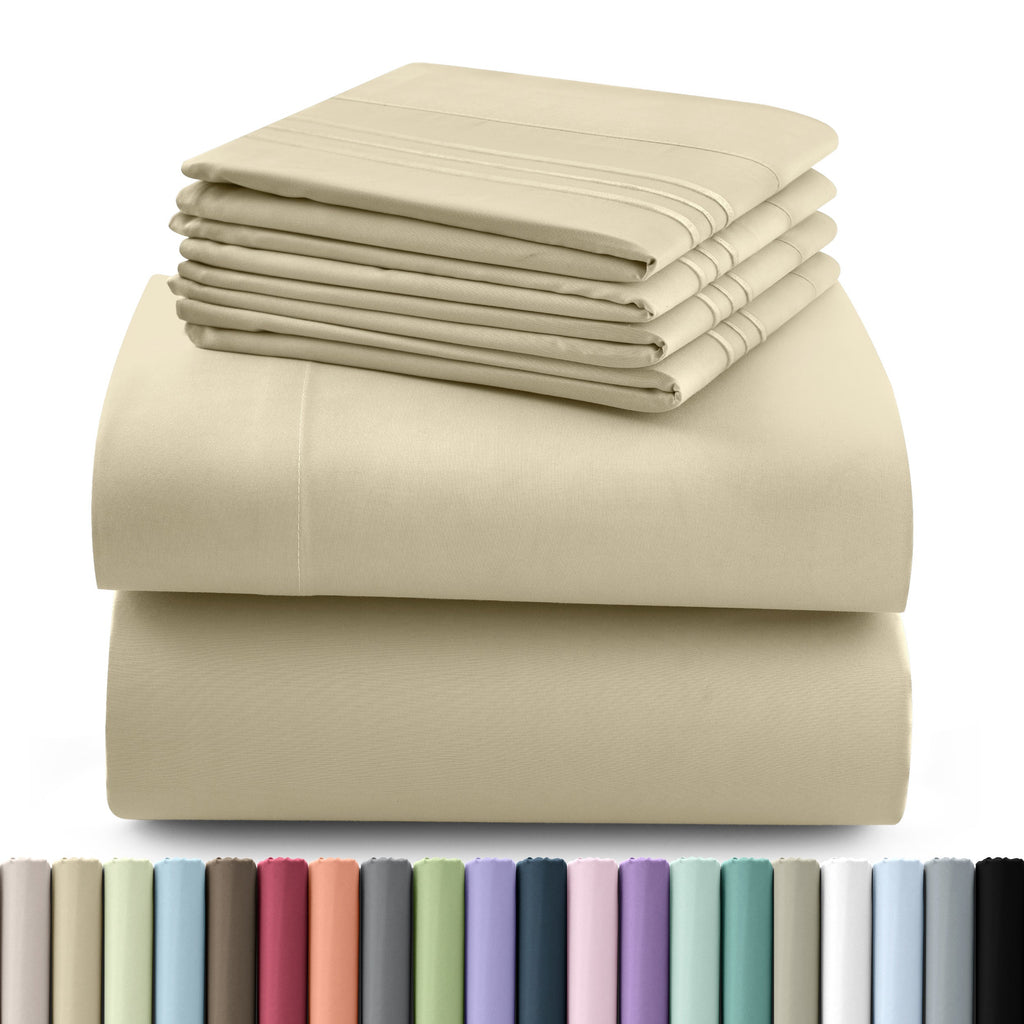 Fitted Sheet Set 6-Piece Brushed Polyester Deep Pocket Bed Sheets 20 Colors Hotel Luxury Soft Bedding with Embroidered Pillowcases