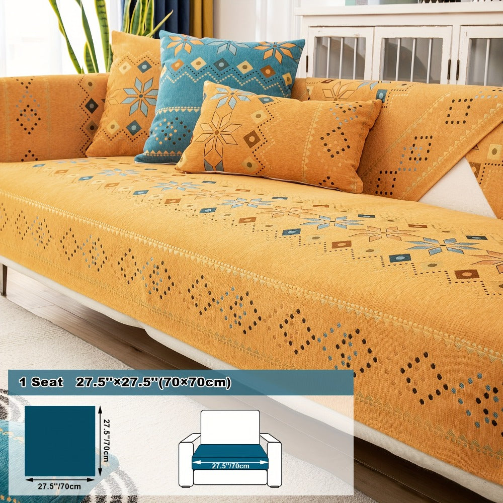 Bohemian Chenille Sofa Cover | Geometric Print Non-Slip Couch Slipcover, Thick Plush Boho Style, 1 to 4 Seat, Armrest & Backrest, Machine Washable, Sectional Sofa Protector