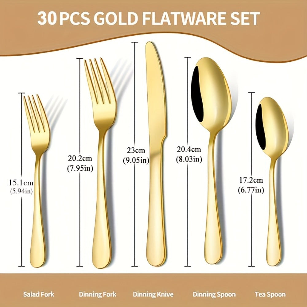 30pcs Golden Stainless Steel Flatware Set for 6 People Mirror Polish Knives Forks Spoons Silverware with Wooden Gift Box for Wedding Celebration Banquet Business Gift