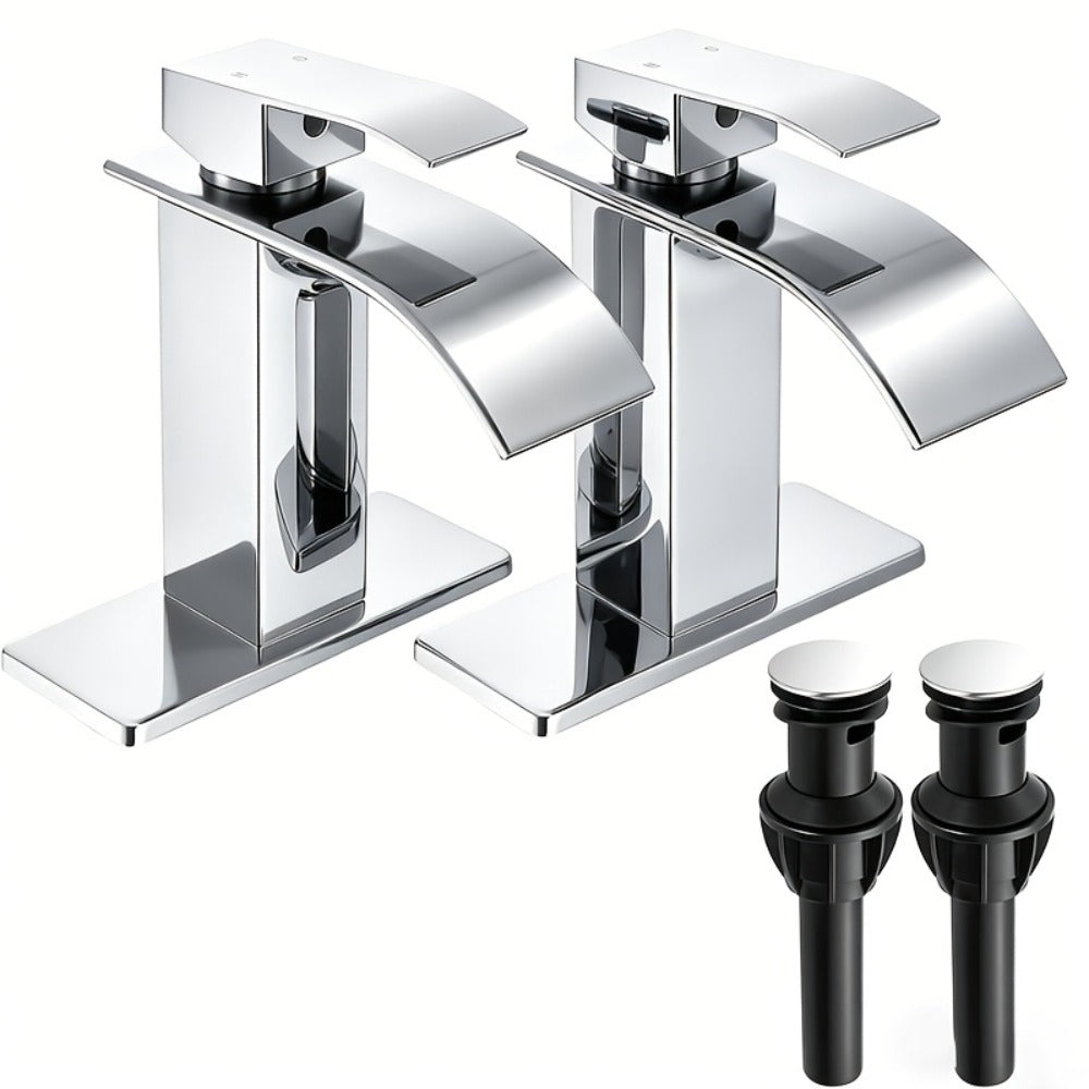 Waterfall Bathroom Faucet Single Handle - Modern Sink Faucet with Valve, Chrome & Matte Black & Brushed Nickel & Brushed Gold Finish, 1 or 3-Hole Deck Mount, G9/16 Threads, Water Supply Lines Included
