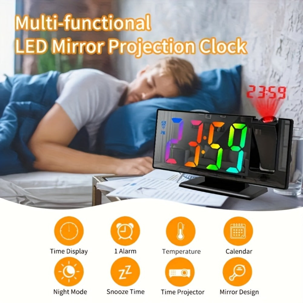 Digital Projection Alarm Clock LED Color Screen - 180¡ã Rotating Projector, Temperature Display, Adjustable Brightness, Night Mode, Snooze, USB Powered Bedroom Living Room Ceiling Clock Decor