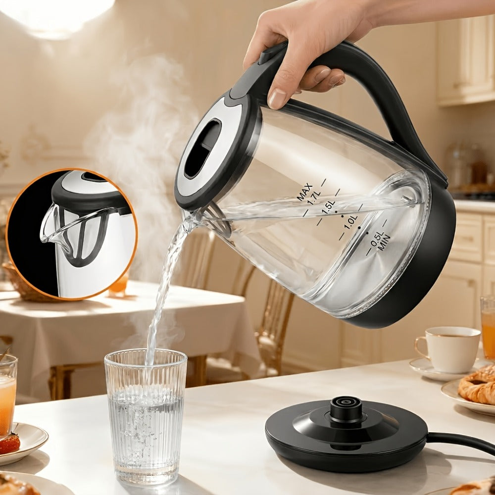 Glass Electric Kettle 1200W Fast Boiling ¨C 57.48oz Tea Kettle with LED Indicator, Auto Shut-Off & Boil-Dry Protection, Elegant Transparent Design for Kitchen, Office & Camping