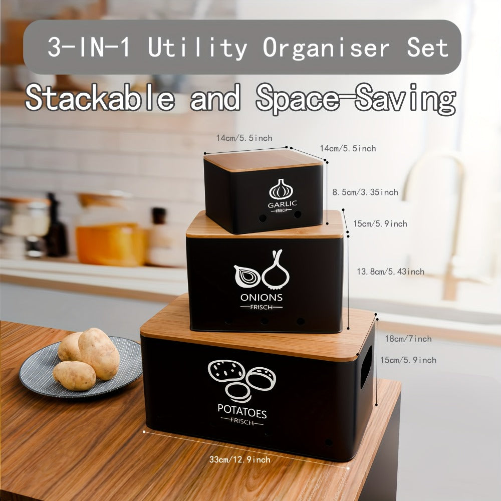 Vegetable Storage Box Set 3 Piece ¨C Potato Onion Garlic Organizer Canisters with Flip-Top Lid, Metal Pantry Kitchen Food Storage Containers