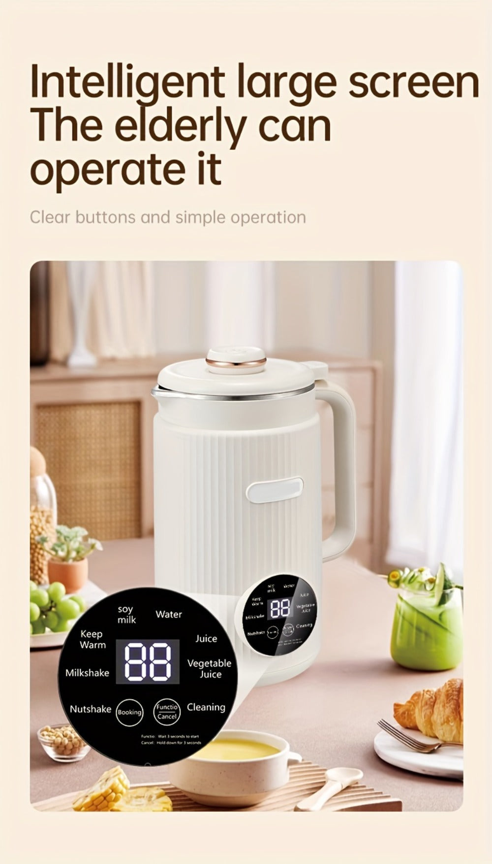 8-in-1 Nut Milk Maker 35oz 8-Blade - Almond Oat Soy Coconut Plant-Based Milk Machine with Delay Start Keep Warm Self-Cleaning Boil Water Function - Non-Dairy Beverage Blender Soy Milk Maker Beige
