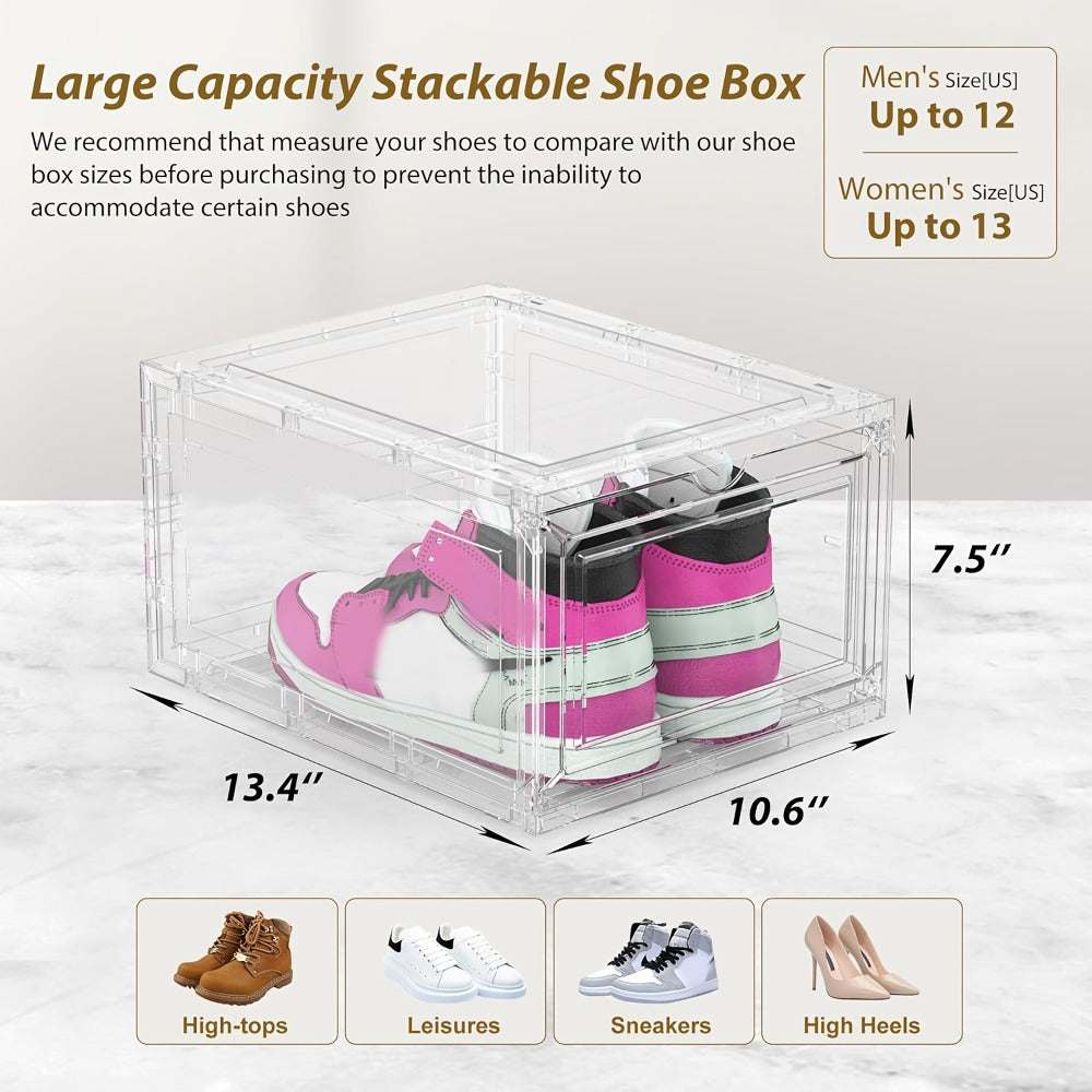 Clear Stackable Shoe Storage Boxes 6/12 Pack XX Large Hard Plastic Organizer for Size 12 Sneakers Closet White