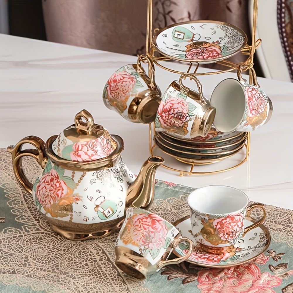 European Floral Ceramic Tea Set 20 Pcs ¨C Italian Style Afternoon Tea Set with Metal Stand ¨C Blooming Pattern Teapot & Cups ¨C Elegant Gift for Tea Lovers & Special Occasions ¨C Golden