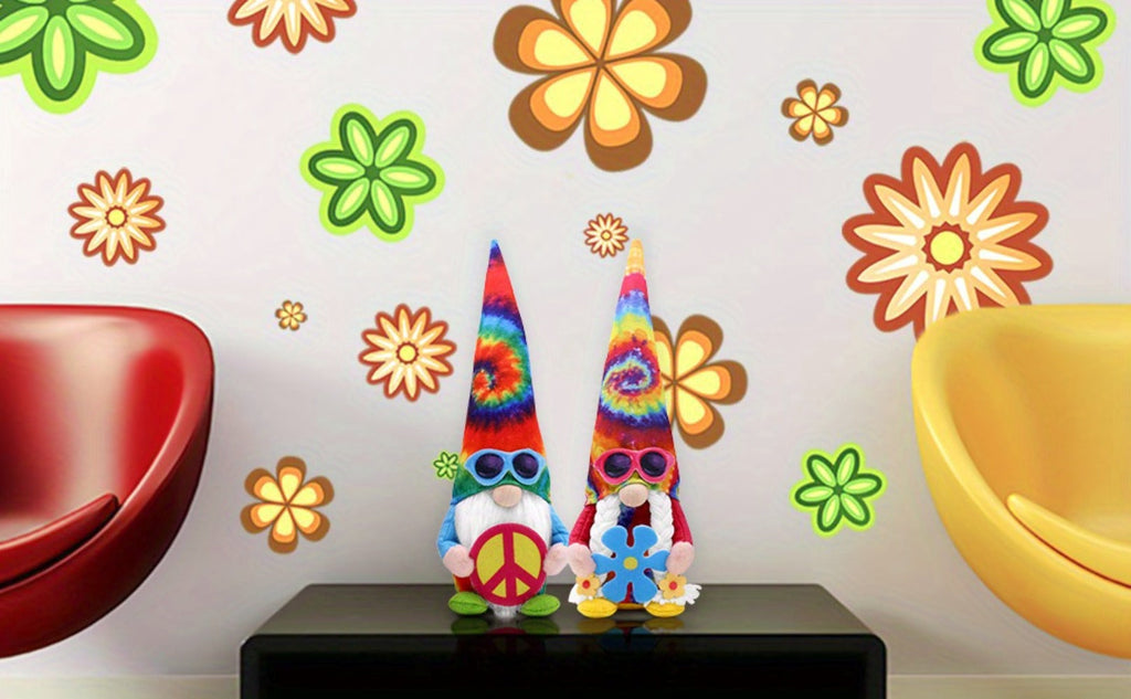 Hippie Gnomes Decorations 2 Pack ¨C Groovy Tie Dye Tomte Figurines with Peace Sign & Fashion Glasses, 13.5¡± Swedish Gnome Shelf Sitters for Farmhouse, Christmas, Halloween & Party Decor