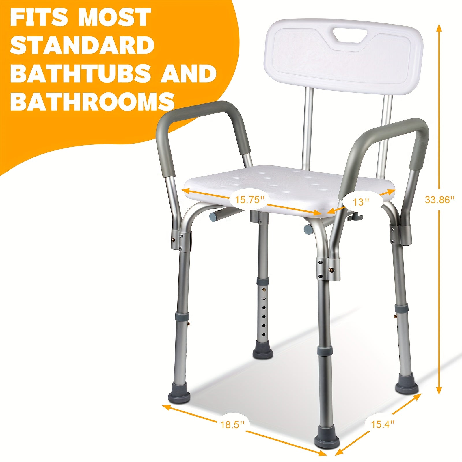 Shower Chair with Armrests & Backrest ¨C Height Adjustable Aluminum Bath Seat, 350 LBS Capacity, Non-Slip Rubber Feet, Cushioned Support for Elderly, Disabled & Post-Surgery, Fits Most Showers & Tubs