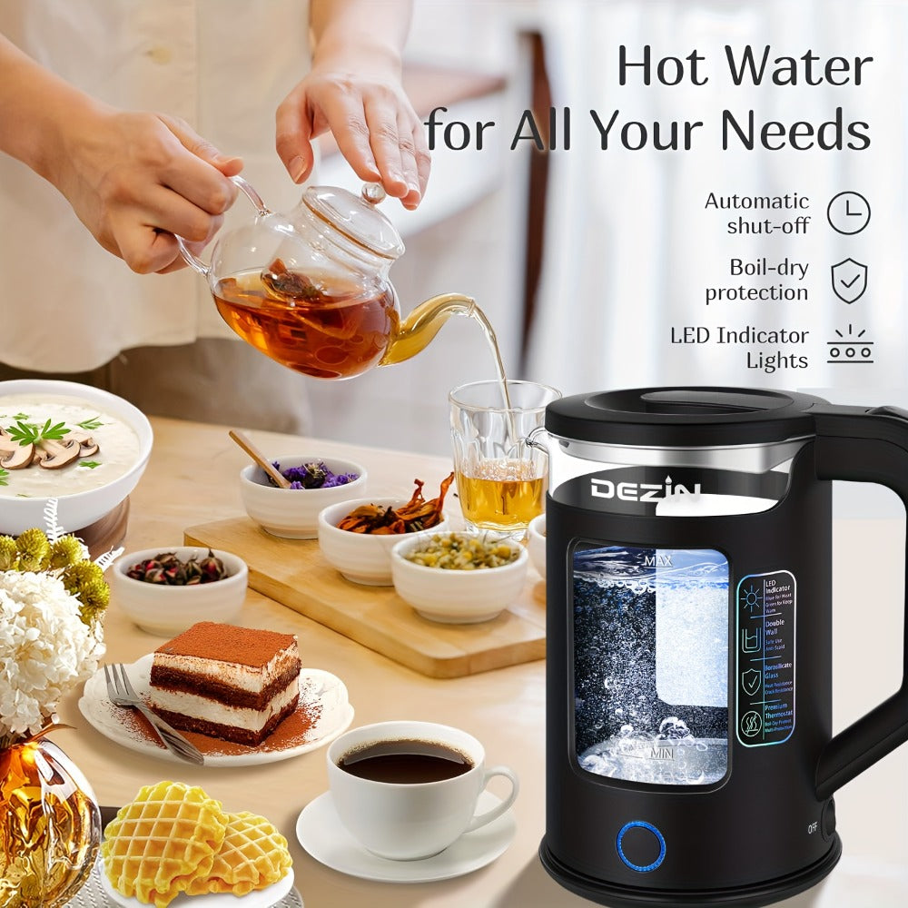 Glass Electric Kettle with Blue LED Light ¨C 1.5L Borosilicate Glass Water Boiler, Auto Shut-Off & Boil-Dry Protection, Fast Heating Hot Water Kettle for Tea & Coffee ¨C Azure, Black