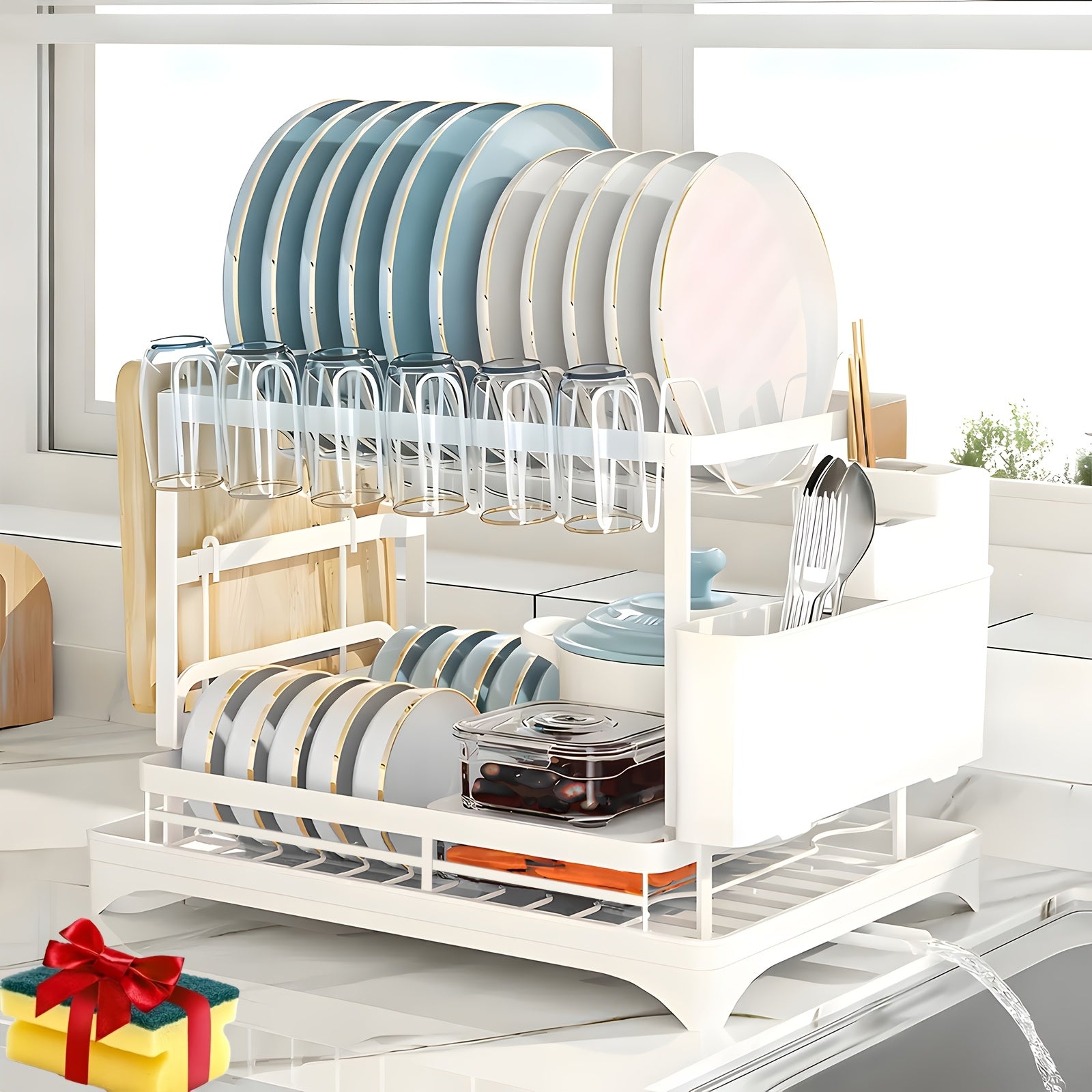 Two-Tier Dish Drying Rack with Drainboard - Metal Kitchen Dish Holder with Drainage for Countertop, Two-Level Dish Drainer for Plates, Cups & Utensils, Single or Double Layer, Black White Gray