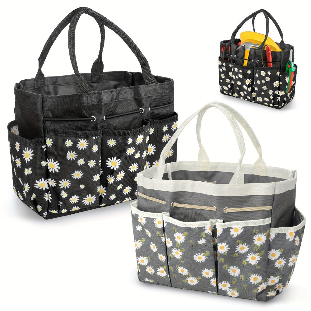 Garden Tool Bag Heavy Duty Multi-Pocket Organizer ¨C Large Capacity Tool Storage Carrier Tote for Gardening, Lawn Care, Camping & Outdoor Work, Portable Daisy Pattern, Black & Gray (No Tools Included)