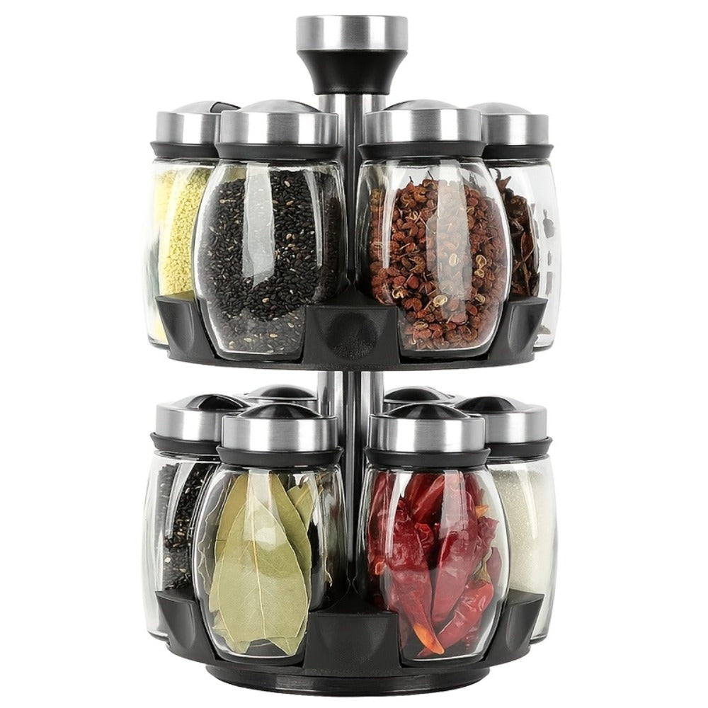 Glass Spice Jar Set with Rotating Rack ¨C Airtight Kitchen Spice Organizer with 360¡ã Stainless Steel Stand ¨C Food Grade Glass Seasoning Bottles for Pantry, Cabinet & Countertop Storage ¨C 6 or 12 Piece
