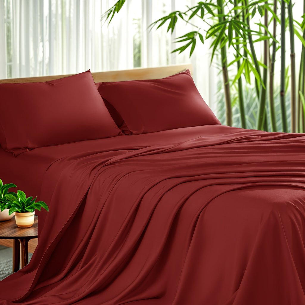 Bamboo Sheet Set 4pcs Cooling Deep Pocket Wrinkle Resistant Bedding All-Season Fitted Flat Sheet 2 Pillowcases Gift Box