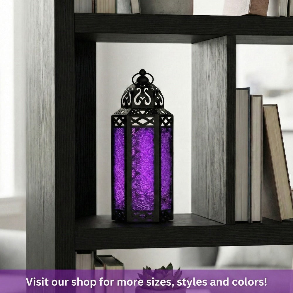 Moroccan Candle Lantern Holder - Decorative Metal & Glass Lantern with Embossed Floral Design for Indoor Home Decor, Garden, Patio, Weddings, Ramadan, Halloween & Holiday Celebrations - 10.5¡± Tall Medium Size