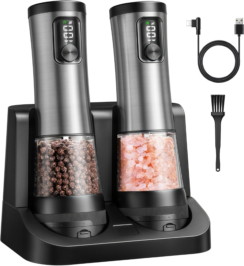 Electric Salt and Pepper Grinder Set Rechargeable USB Large Capacity with Base Automatic Adjustable Coarseness LED Display Kitchen Gift Silver Black