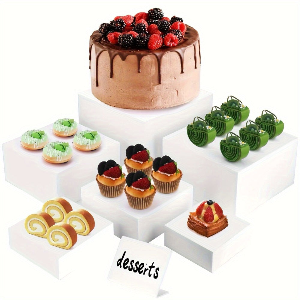 Display Stands 6pcs Five-Sided Square Buffet Risers - White Transparent Dessert Cake Display Storage Rack for Party Wedding Catering Retail Boutique Gallery Home Decor